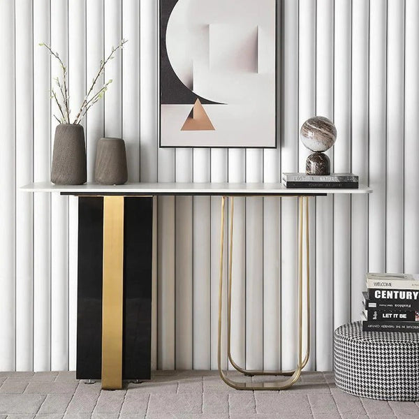 Kave Console Table – Luxury Gold & Black Sintered Stone Hallway Table with Metal Frame | Modern Contemporary Entryway Sofa Table - Sleek Furniture