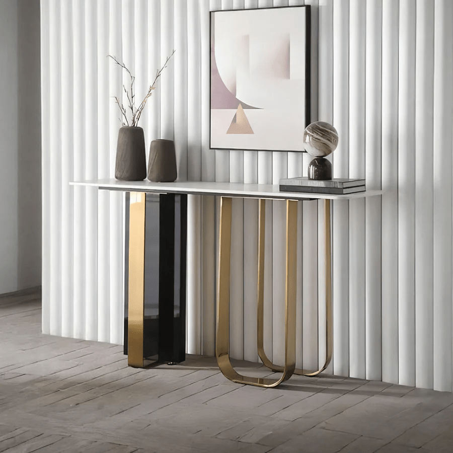 Kave Console Table – Luxury Gold & Black Sintered Stone Hallway Table with Metal Frame | Modern Contemporary Entryway Sofa Table - Sleek Furniture