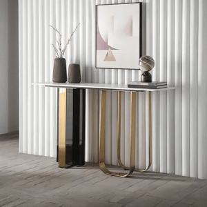 Kave Console Table – Luxury Gold & Black Sintered Stone Hallway Table with Metal Frame | Modern Contemporary Entryway Sofa Table - Sleek Furniture