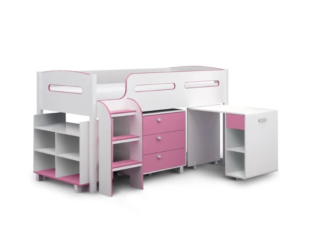 Kimbo Kids Cabin Bed with Pull-Out Desk, 3 Drawer Storage & Shelving – White & Pink or White & Blue - Sleek Furniture
