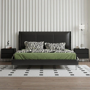 Kinza King Size / Super King Size Bed Frame, Black PU Leather Upholstered Wooden Bedstead – Contemporary Modern Bedroom Furniture (Mattress Not Included) - Sleek Furniture