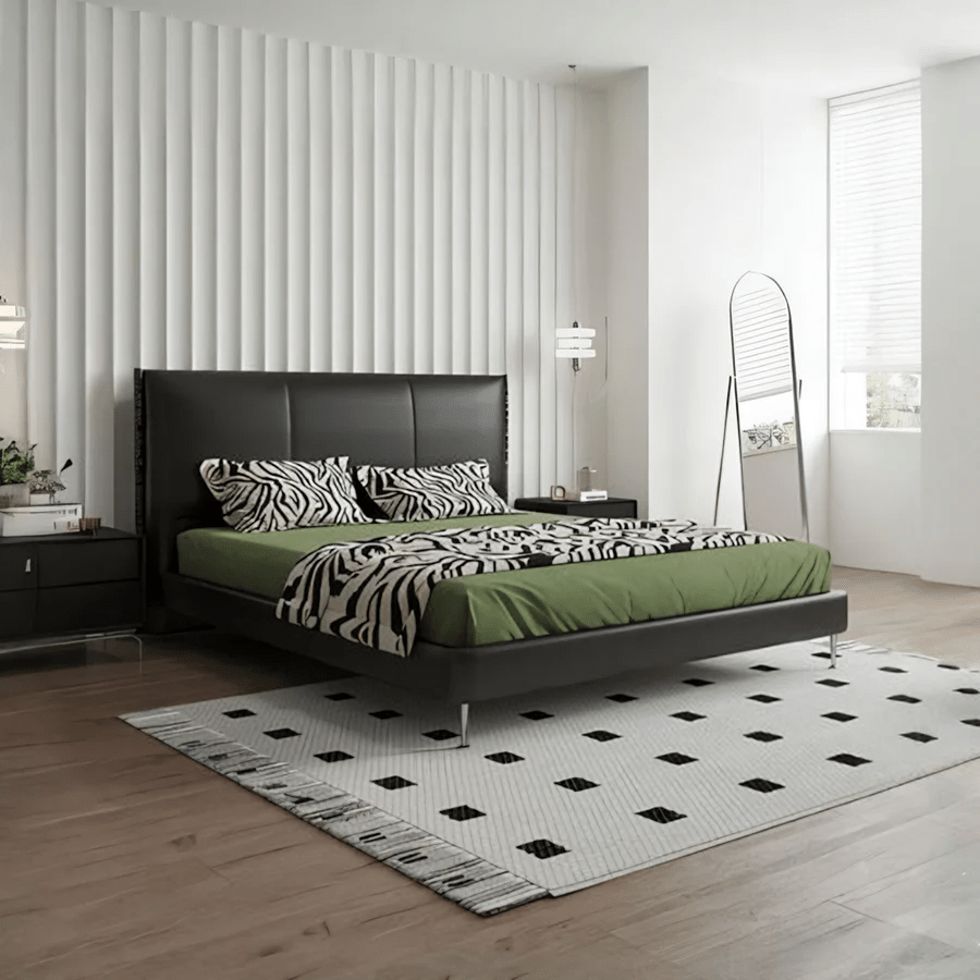 Kinza King Size / Super King Size Bed Frame, Black PU Leather Upholstered Wooden Bedstead – Contemporary Modern Bedroom Furniture (Mattress Not Included) - Sleek Furniture