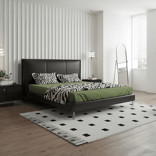 Kinza King Size / Super King Size Bed Frame, Black PU Leather Upholstered Wooden Bedstead – Contemporary Modern Bedroom Furniture (Mattress Not Included) - Sleek Furniture