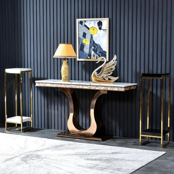 Kir Gold Sintered Stone Console Table with Metal Frame – Modern Luxury Hallway Entryway Sofa Side Table - Sleek Furniture
