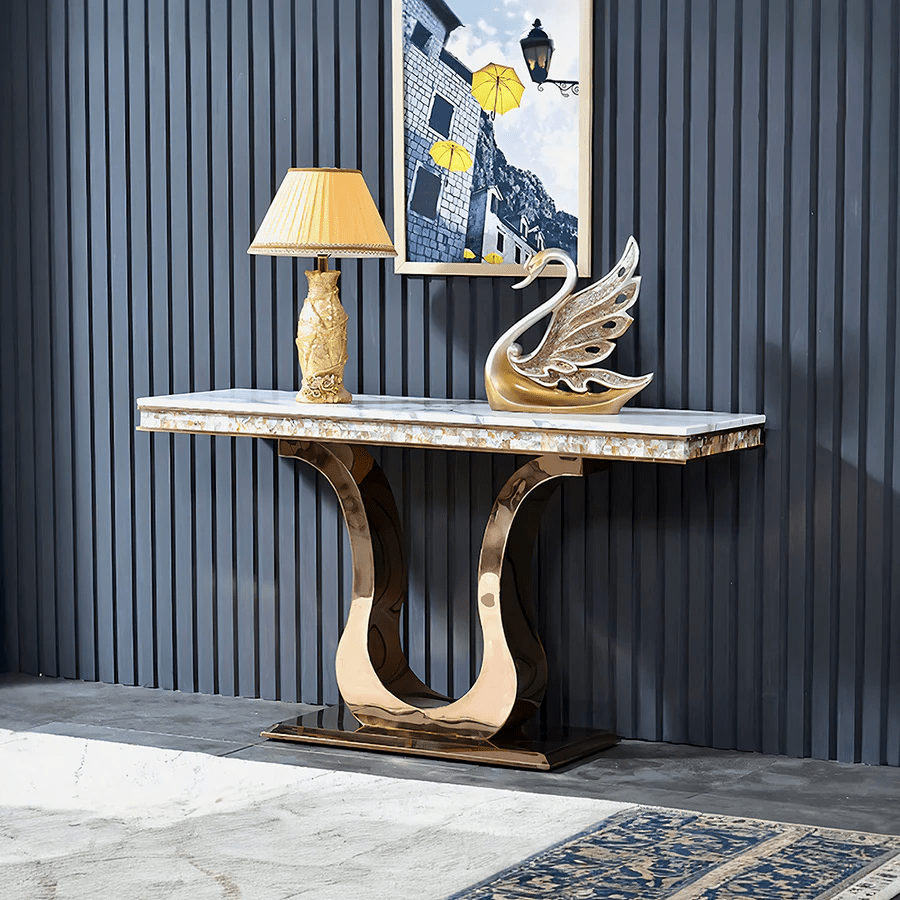 Kir Gold Sintered Stone Console Table with Metal Frame – Modern Luxury Hallway Entryway Sofa Side Table - Sleek Furniture