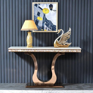 Kir Gold Sintered Stone Console Table with Metal Frame – Modern Luxury Hallway Entryway Sofa Side Table - Sleek Furniture