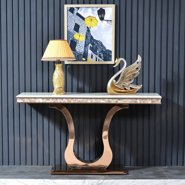 Kir Gold Sintered Stone Console Table with Metal Frame – Modern Luxury Hallway Entryway Sofa Side Table - Sleek Furniture