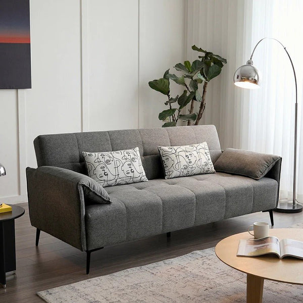 Kiro Two Seater Sofa Bed | Linen Upholstered Grey Couch with Guest Sleeping Function | Modern Space-Saving Convertible Sofa for Living Room & Spare Room - Sleek Furniture