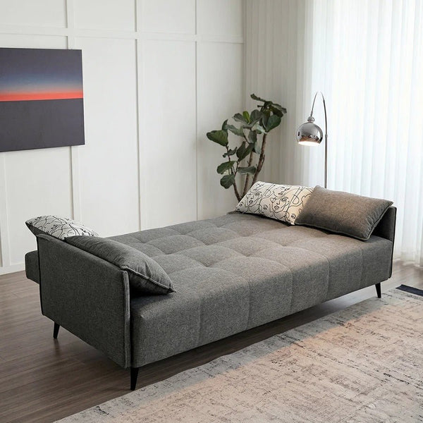 Kiro Two Seater Sofa Bed | Linen Upholstered Grey Couch with Guest Sleeping Function | Modern Space-Saving Convertible Sofa for Living Room & Spare Room - Sleek Furniture