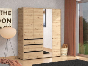 Kyoto Artisan Oak Effect 4 Door 3 Drawer Wardrobe with Mirrored Door – Spacious Bedroom Storage with Hanging Rail & Shelves, Oak Finish, H 210.5cm W 183cm D 55cm - My Store