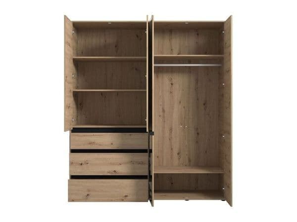 Kyoto Artisan Oak Effect 4 Door 3 Drawer Wardrobe with Mirrored Door – Spacious Bedroom Storage with Hanging Rail & Shelves, Oak Finish, H 210.5cm W 183cm D 55cm - My Store