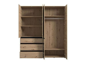 Kyoto Artisan Oak Effect 4 Door 3 Drawer Wardrobe with Mirrored Door – Spacious Bedroom Storage with Hanging Rail & Shelves, Oak Finish, H 210.5cm W 183cm D 55cm - My Store