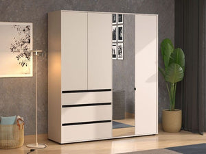 Kyoto Cashmere 4 Door 3 Drawer Mirrored Wardrobe with Shelves & Hanging Rail – Large Bedroom Storage Closet – 210.5 x 183 x 55 cm - My Store