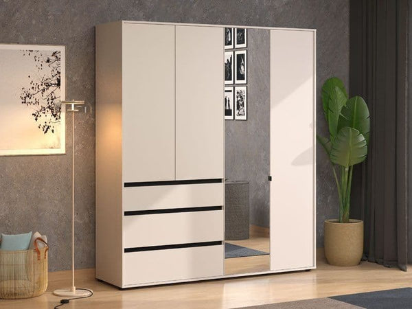 Kyoto Cashmere 4 Door 3 Drawer Mirrored Wardrobe with Shelves & Hanging Rail – Large Bedroom Storage Closet – 210.5 x 183 x 55 cm - My Store