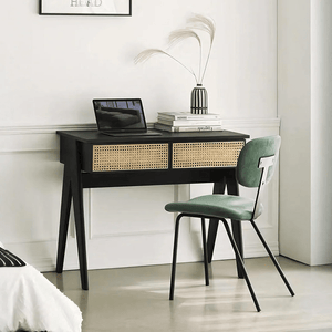 Lambeth Modern Office Desk Black Wooden Workstation with Rattan Detail, Home Study Computer Desk, Contemporary Writing Table for Office Bedroom Living Room - Sleek Furniture