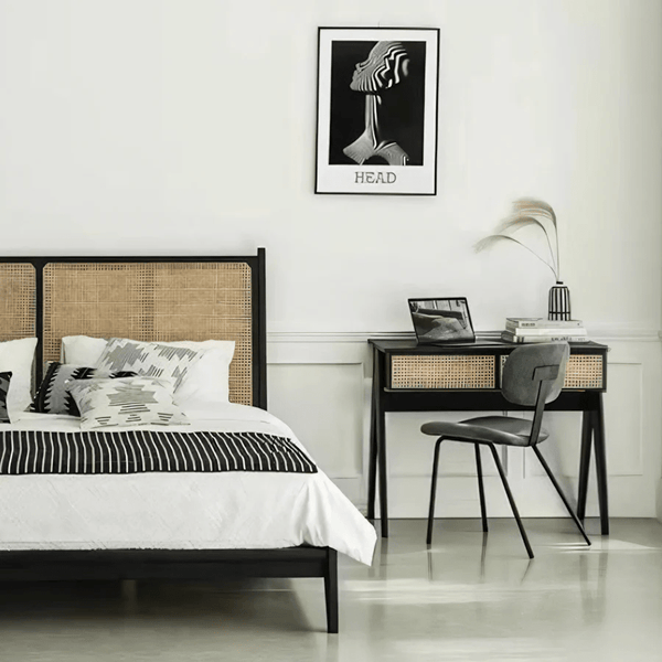 Lambeth Modern Office Desk Black Wooden Workstation with Rattan Detail, Home Study Computer Desk, Contemporary Writing Table for Office Bedroom Living Room - Sleek Furniture