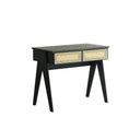 Lambeth Modern Office Desk Black Wooden Workstation with Rattan Detail, Home Study Computer Desk, Contemporary Writing Table for Office Bedroom Living Room - Sleek Furniture