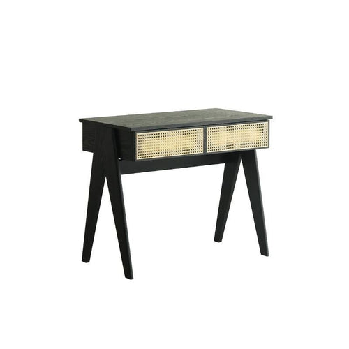 Lambeth Modern Office Desk Black Wooden Workstation with Rattan Detail, Home Study Computer Desk, Contemporary Writing Table for Office Bedroom Living Room - Sleek Furniture