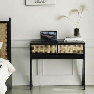 Lambeth Modern Office Desk Black Wooden Workstation with Rattan Detail, Home Study Computer Desk, Contemporary Writing Table for Office Bedroom Living Room - Sleek Furniture