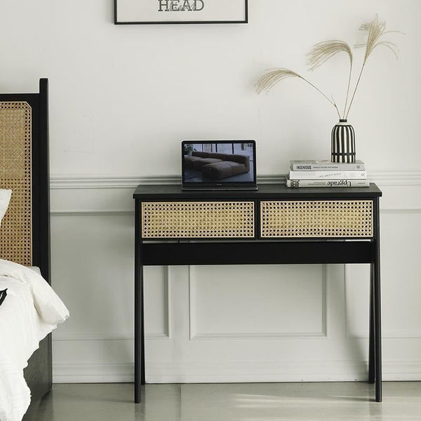 Lambeth Modern Office Desk Black Wooden Workstation with Rattan Detail, Home Study Computer Desk, Contemporary Writing Table for Office Bedroom Living Room - Sleek Furniture