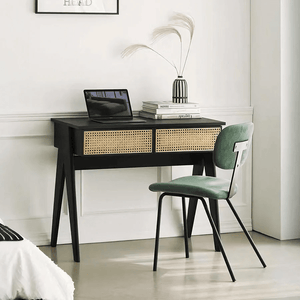 Lambeth Modern Office Desk Black Wooden Workstation with Rattan Detail, Home Study Computer Desk, Contemporary Writing Table for Office Bedroom Living Room - Sleek Furniture