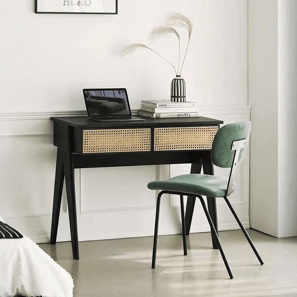 Lambeth Modern Office Desk Black Wooden Workstation with Rattan Detail, Home Study Computer Desk, Contemporary Writing Table for Office Bedroom Living Room - Sleek Furniture