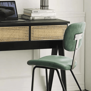 Lambeth Modern Office Desk Black Wooden Workstation with Rattan Detail, Home Study Computer Desk, Contemporary Writing Table for Office Bedroom Living Room - Sleek Furniture