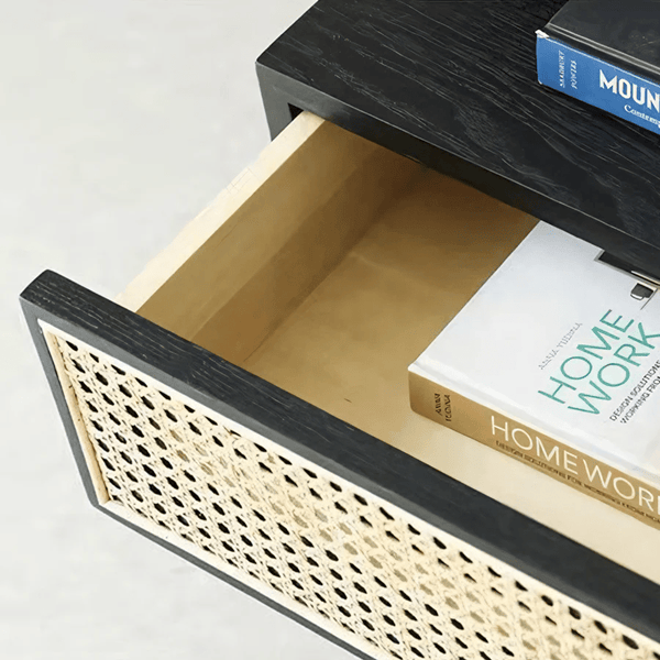 Lambeth Modern Office Desk Black Wooden Workstation with Rattan Detail, Home Study Computer Desk, Contemporary Writing Table for Office Bedroom Living Room - Sleek Furniture