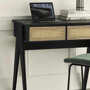Lambeth Modern Office Desk Black Wooden Workstation with Rattan Detail, Home Study Computer Desk, Contemporary Writing Table for Office Bedroom Living Room - Sleek Furniture