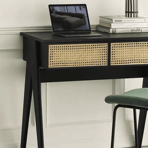 Lambeth Modern Office Desk Black Wooden Workstation with Rattan Detail, Home Study Computer Desk, Contemporary Writing Table for Office Bedroom Living Room - Sleek Furniture