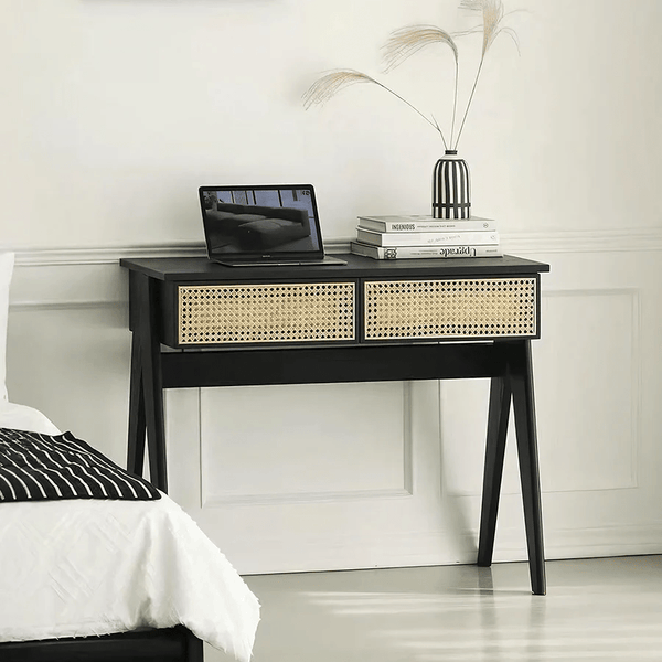 Lambeth Modern Office Desk Black Wooden Workstation with Rattan Detail, Home Study Computer Desk, Contemporary Writing Table for Office Bedroom Living Room - Sleek Furniture