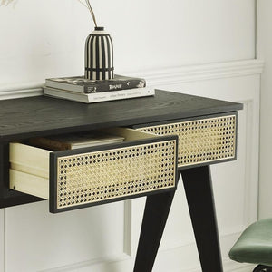 Lambeth Modern Office Desk Black Wooden Workstation with Rattan Detail, Home Study Computer Desk, Contemporary Writing Table for Office Bedroom Living Room - Sleek Furniture