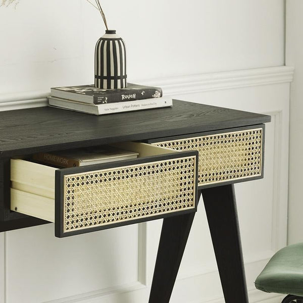 Lambeth Modern Office Desk Black Wooden Workstation with Rattan Detail, Home Study Computer Desk, Contemporary Writing Table for Office Bedroom Living Room - Sleek Furniture