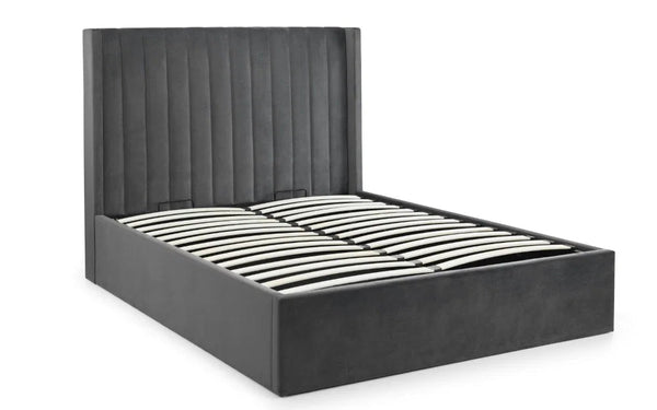 Langham Scalloped Ottoman Storage Bed Frame – Upholstered Fabric Bed with Lift-Up Storage – Grey or Teal - Sleek Furniture
