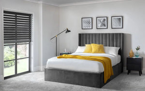 Langham Scalloped Ottoman Storage Bed Frame – Upholstered Fabric Bed with Lift-Up Storage – Grey or Teal - Sleek Furniture