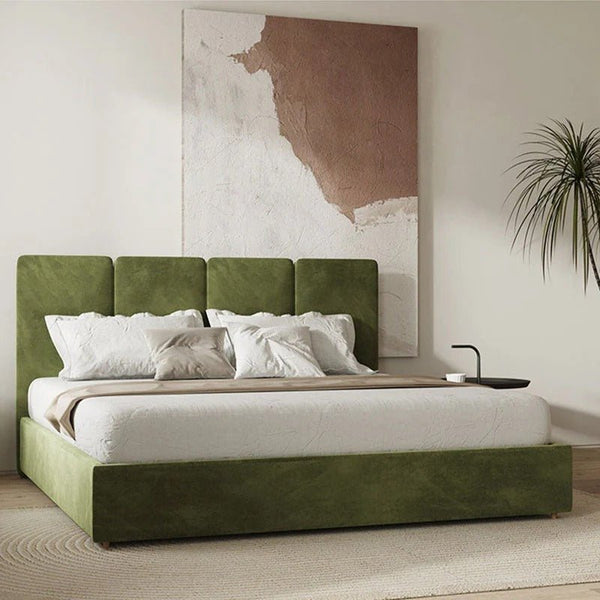 Laura King Size Velvet Bed Frame with Upholstered Headboard, Contemporary Modern Platform Bed for Bedroom, Green/Grey - Sleek Furniture