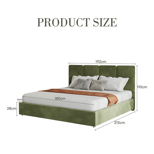 Laura King Size Velvet Bed Frame with Upholstered Headboard, Contemporary Modern Platform Bed for Bedroom, Green/Grey - Sleek Furniture