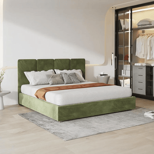 Laura King Size Velvet Bed Frame with Upholstered Headboard, Contemporary Modern Platform Bed for Bedroom, Green/Grey - Sleek Furniture