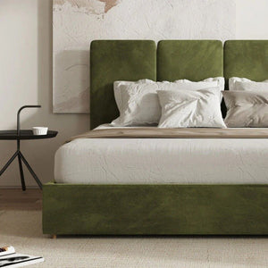 Laura King Size Velvet Bed Frame with Upholstered Headboard, Contemporary Modern Platform Bed for Bedroom, Green/Grey - Sleek Furniture