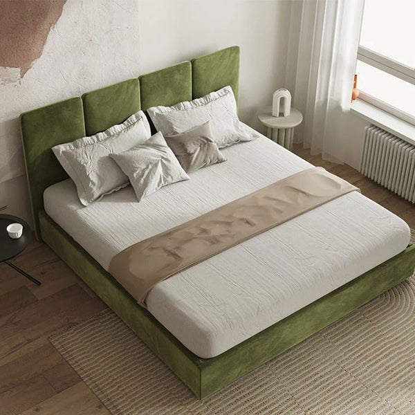 Laura King Size Velvet Bed Frame with Upholstered Headboard, Contemporary Modern Platform Bed for Bedroom, Green/Grey - Sleek Furniture