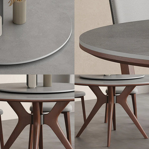 Leah Round Dining Table Set – Modern Sintered Stone Round Dining Table with Matching PU Leather Chairs, Solid Wood Frame, Contemporary Dining Set for 4–6 Seating, Grey & Walnut Finish - Sleek Furniture