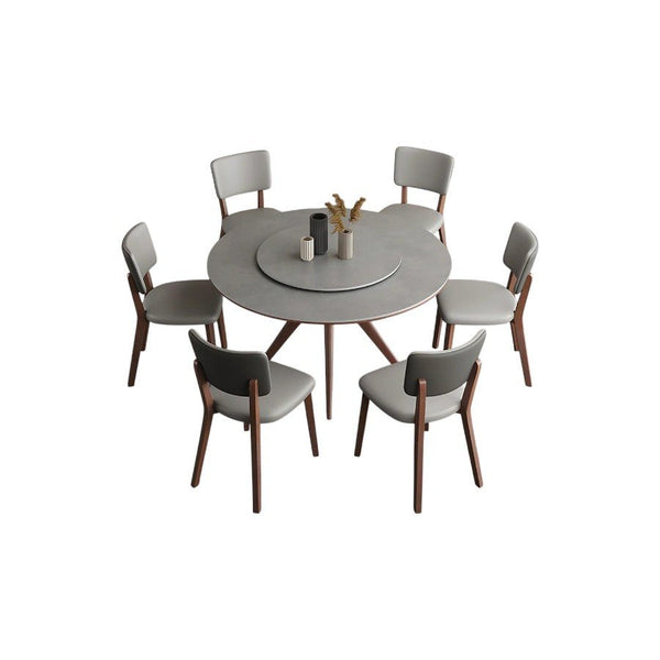 Leah Round Dining Table Set – Modern Sintered Stone Round Dining Table with Matching PU Leather Chairs, Solid Wood Frame, Contemporary Dining Set for 4–6 Seating, Grey & Walnut Finish - Sleek Furniture