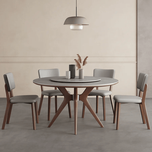 Leah Round Dining Table Set – Modern Sintered Stone Round Dining Table with Matching PU Leather Chairs, Solid Wood Frame, Contemporary Dining Set for 4–6 Seating, Grey & Walnut Finish - Sleek Furniture