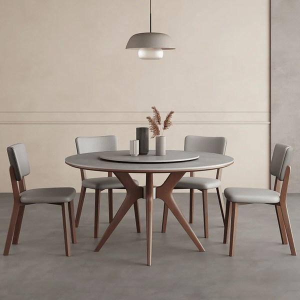 Leah Round Dining Table Set – Modern Sintered Stone Round Dining Table with Matching PU Leather Chairs, Solid Wood Frame, Contemporary Dining Set for 4–6 Seating, Grey & Walnut Finish - Sleek Furniture