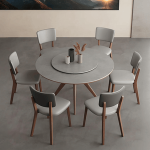 Leah Round Dining Table Set – Modern Sintered Stone Round Dining Table with Matching PU Leather Chairs, Solid Wood Frame, Contemporary Dining Set for 4–6 Seating, Grey & Walnut Finish - Sleek Furniture