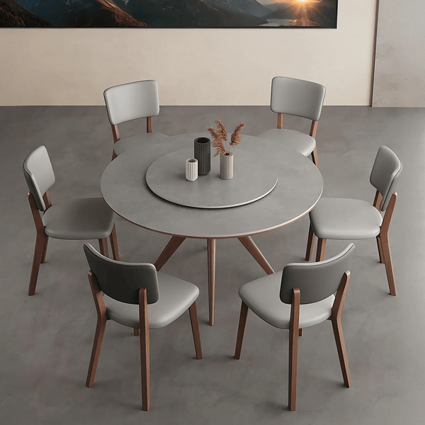 Leah Round Dining Table Set – Modern Sintered Stone Round Dining Table with Matching PU Leather Chairs, Solid Wood Frame, Contemporary Dining Set for 4–6 Seating, Grey & Walnut Finish - Sleek Furniture