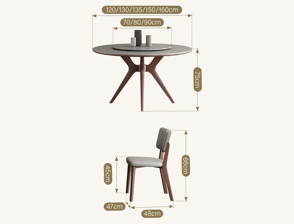 Leah Round Dining Table Set – Modern Sintered Stone Round Dining Table with Matching PU Leather Chairs, Solid Wood Frame, Contemporary Dining Set for 4–6 Seating, Grey & Walnut Finish - Sleek Furniture
