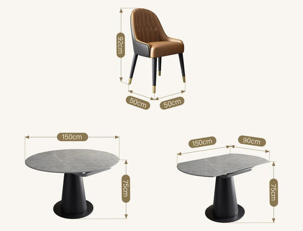 Lessie Extendable Dining Table, Sintered Stone Modern Grey & Black Dining Table, Luxury Extendable Kitchen & Dining Room Table with Metal Frame - Sleek Furniture