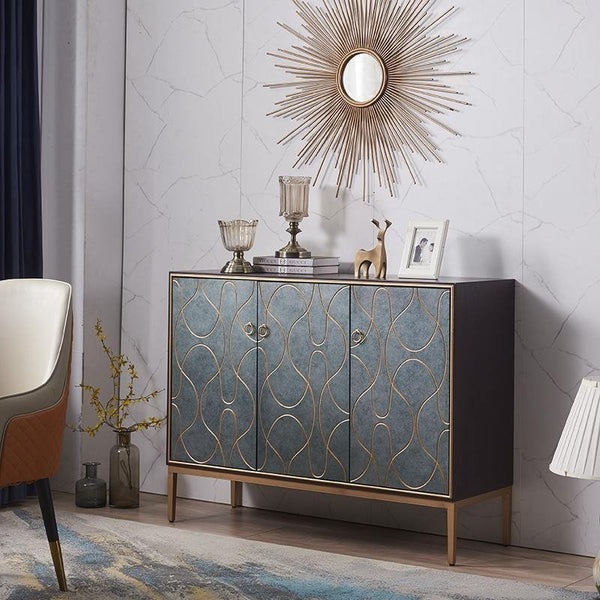 Liana Sideboard Storage Cabinet, Grey Blue Modern Sideboard Unit with Painted Steel Frame, Contemporary Living & Dining Room Storage Cabinet - Sleek Furniture