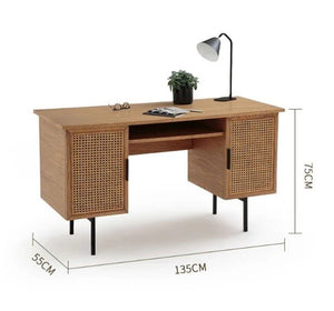 Lindy Rattan Office Desk in Oak Finish – Modern Wooden Home Office Study Desk with Rattan Detail & Steel Legs - Sleek Furniture